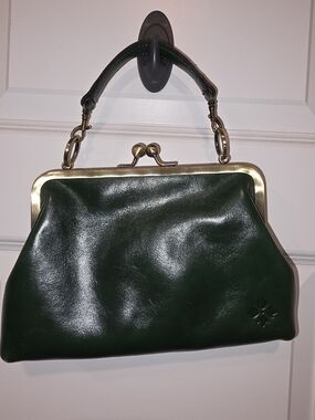 Patricia Nash Dark Green Leather Kiss-Lock Top Handle Bag